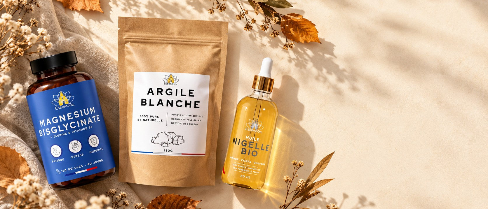 Rituel d'automne Essentioil : magnésium bisglycinate, argile blanche et huile de nigelle bio